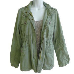 J. Crew Field Military Green Jacket Snap Zip Flap Pockets Packable Hood M
